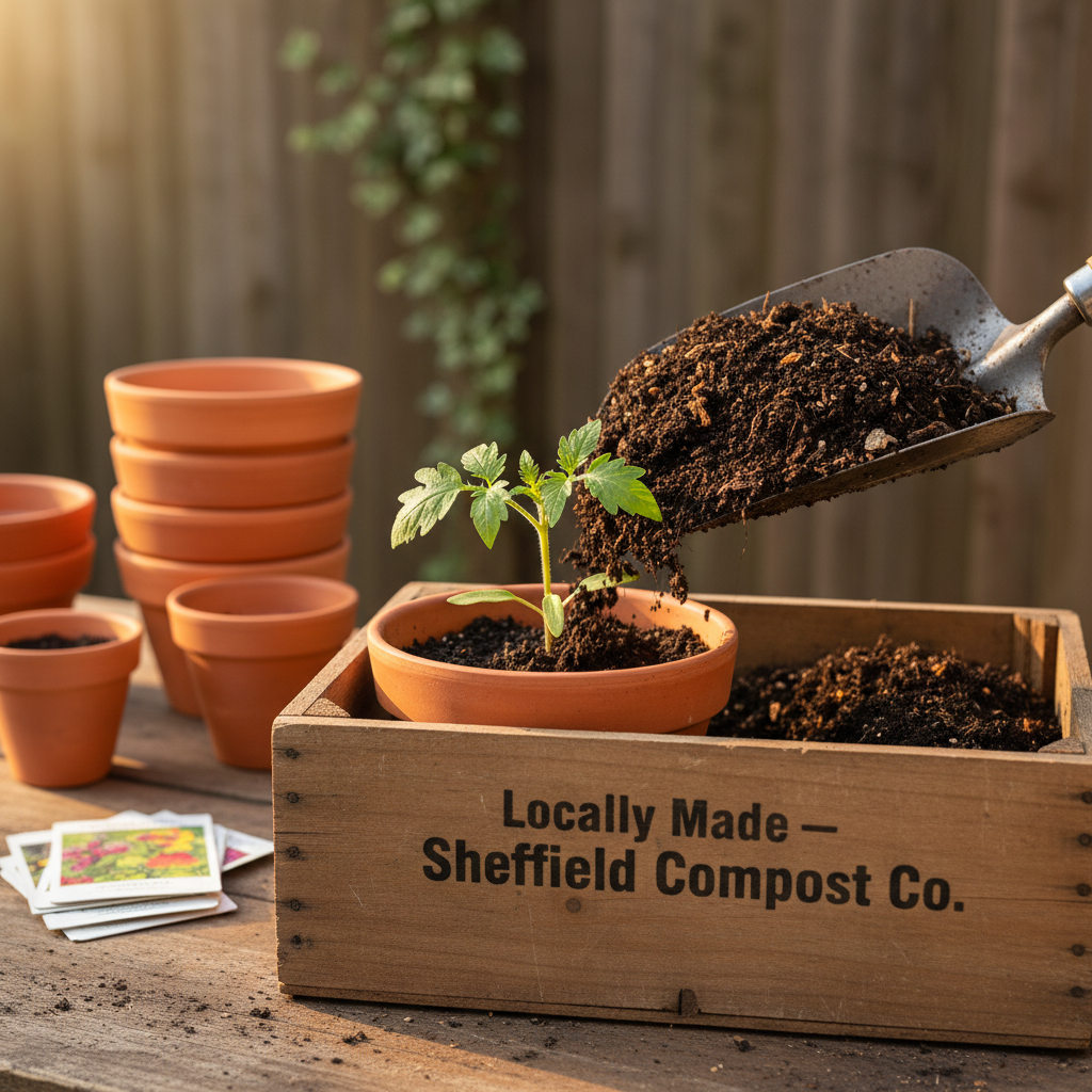 A close, ground-level, photographic realistic shot of a gardener’s gloved hands absent from frame, instead focusing solely on a sturdy trowel scooping rich, dark, finished compost from a wooden crate stamped with “Locally Made – Sheffield Compost Co.” into a terracotta pot already planted with a young, vibrant tomato seedling. The compost appears moist and textured, with tiny visible organic particles. In the softly blurred background sit more terracotta pots, a small stack of seed packets, and a hint of a tidy fence, suggesting a compact urban garden. Warm, late-afternoon sunlight slants in from the side, casting long, gentle shadows and a golden glow. The eye-level, shallow depth of field composition feels hopeful and productive, highlighting the tangible benefits of local eco-waste recycling.