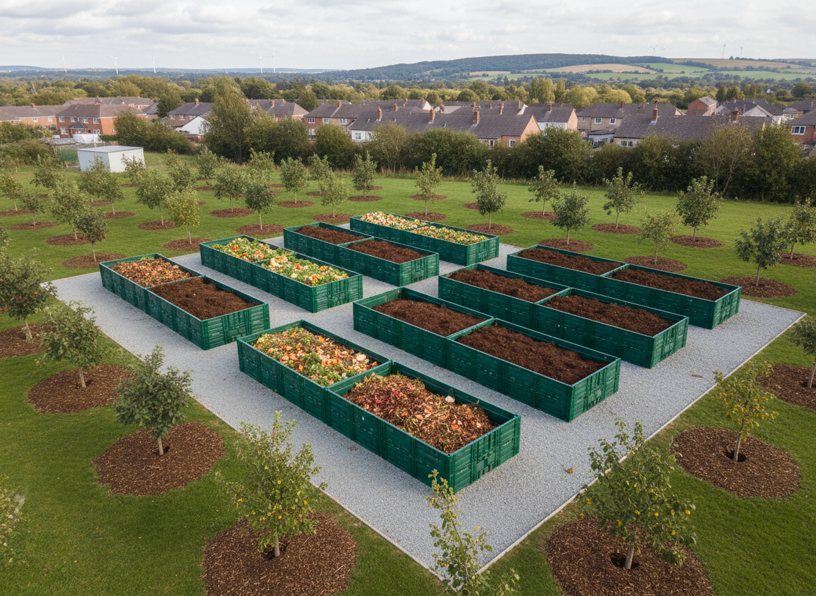 An aerial, bird’s eye photographic view of a compact urban composting site on the outskirts of Sheffield, featuring several orderly rows of rectangular, dark green compost bays made from sturdy recycled plastic boards. Some bays contain fresh, colorful layers of shredded leaves and food scraps, while others hold mature, chocolate-brown compost with a fine, crumbly texture. Around the bays, narrow gravel paths and a ring of young fruit trees in mulched circles create a structured, efficient layout. Soft, diffused midday light from a slightly cloudy sky ensures even illumination and natural color reproduction. The composition is geometrically pleasing and sharply focused, conveying a professional, well-managed, low-carbon circular system that feels clean, organized, and environmentally responsible.