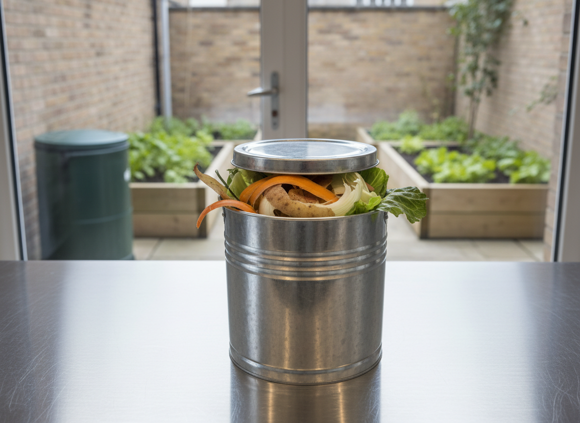 A close-up, photographic realistic view of a galvanized metal compost caddy filled with fresh vegetable peelings—carrot ribbons, potato skins, onion ends, and bright green cabbage leaves—resting on a brushed stainless steel kitchen counter. Beyond the caddy, through a large window, a small, tidy urban back garden is visible with a single dark green compost bin and a few raised beds of leafy greens, softly blurred by shallow depth of field. Cool daylight pours in, creating gentle highlights on the metal surfaces and subtle reflections on the counter. The composition is centered and intimate, evoking a clean, professional, practical mood that emphasizes the simple act of diverting kitchen scraps from landfill into a local circular composting system.
