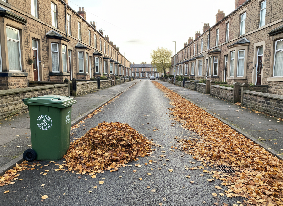 A wide, eye-level photographic shot of a quiet Sheffield residential street in early autumn, lined with stone walls and terraced houses, where one side of the road is completely clear and tidy while the opposite pavement shows a carpet of fallen golden and brown leaves clogging the curbside drains. In the foreground, a large, robust green leaf-collection container bearing the “Sheffield Compost Co.” logo sits neatly on the cleared side next to a swept pile of leaves, ready for pickup. Diffused late-afternoon light under an overcast sky softens colors and creates a calm, orderly atmosphere. The composition uses asymmetrical balance to contrast the managed and unmanaged sides, emphasizing road safety and responsible eco-waste recycling.
