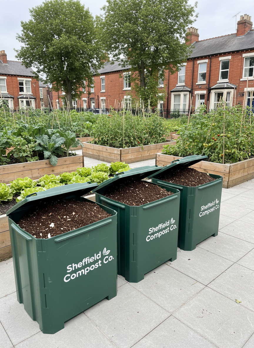 A neat row of dark green compost bins with clear “Sheffield Compost Co.” branding stands on a clean paved courtyard, each lid slightly open to reveal rich, crumbly, dark brown compost flecked with tiny plant fibers and eggshell fragments. Surrounding the bins are raised wooden vegetable beds overflowing with thriving kale, bright lettuce, and tomato plants, set against a backdrop of red brick terraced houses and a few mature trees. Soft, overcast daylight typical of a calm Sheffield afternoon evenly illuminates the scene, reducing harsh shadows and enhancing natural colors. Photographic realism at eye level with sharp focus throughout, composed using the rule of thirds, conveys a professional, trustworthy, local eco-recycling service with a clean and modern yet organic feel.